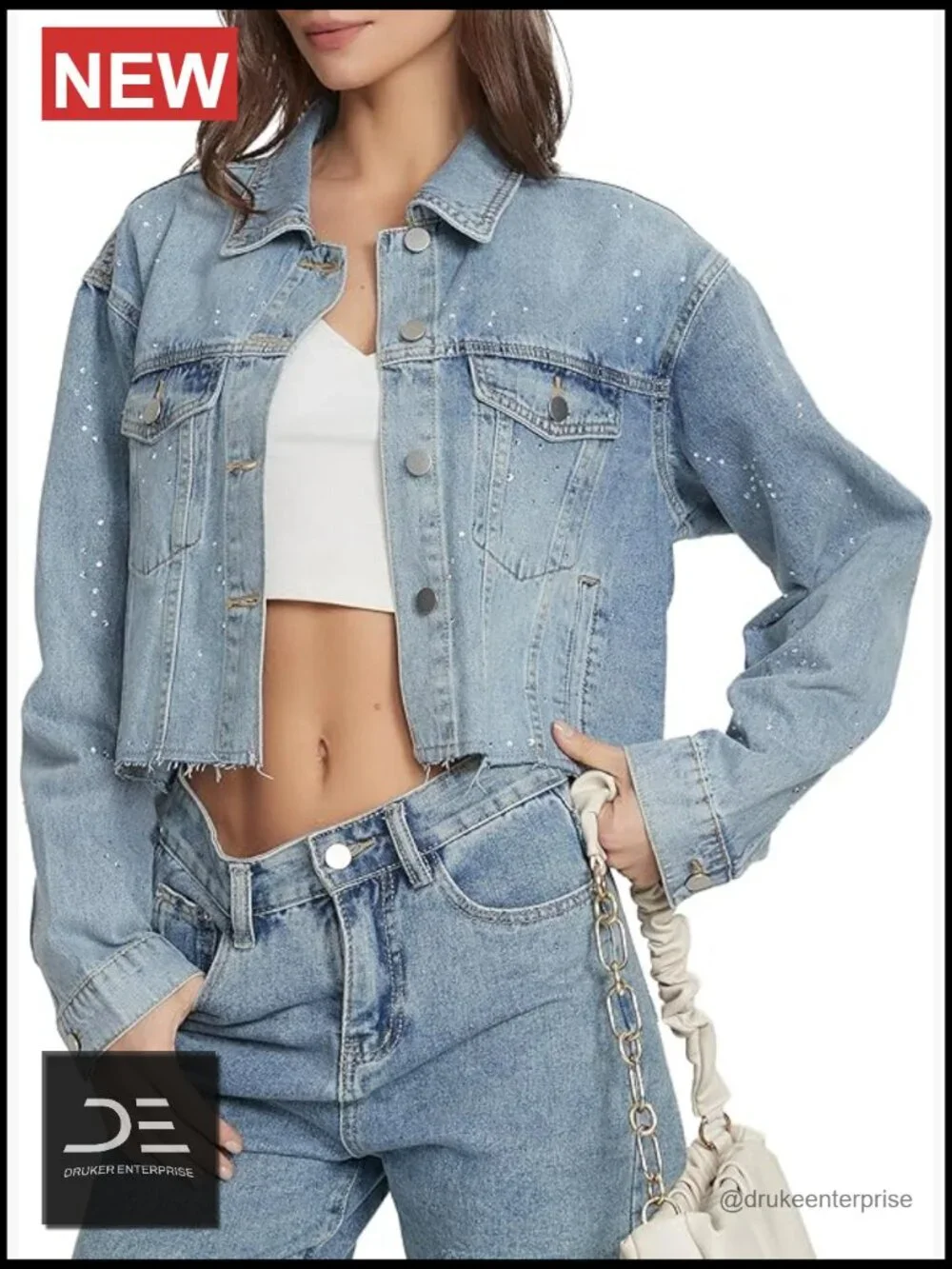 Cropped Denim Jacket Rhinestone Sparkly Raw Hem Party Streetwear